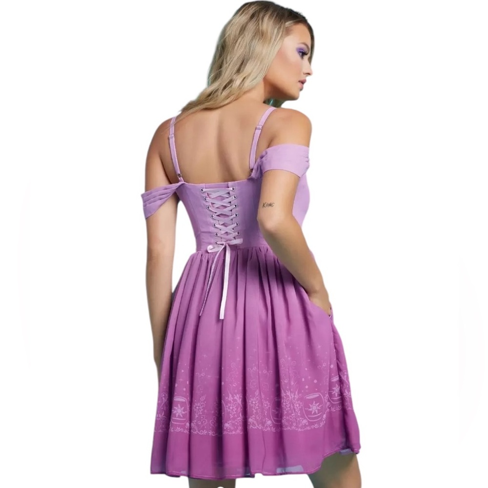 Disney Lavender Off-Shoulder Lace-Up Skater Dress - Picture 4 of 15
